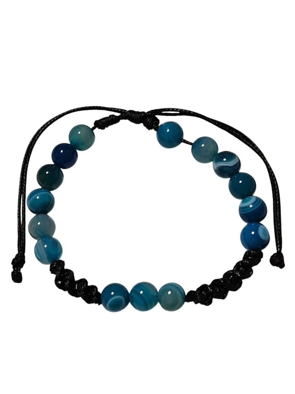 Handmade Blue Agate Beaded Bracelet Adjustable Black Cord Stress Relief Jewelry
